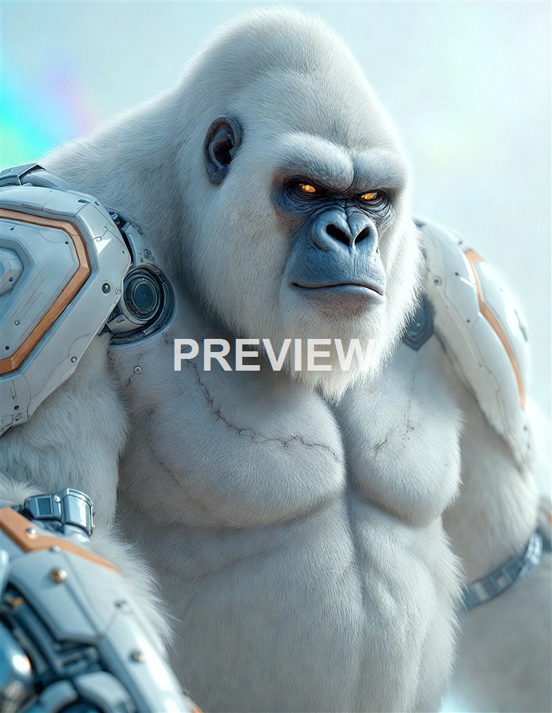 A highly detailed and realistic humanoid gorilla with robotic enhancements on its shoulders and arms, featuring a serious expression and scars on its chest.